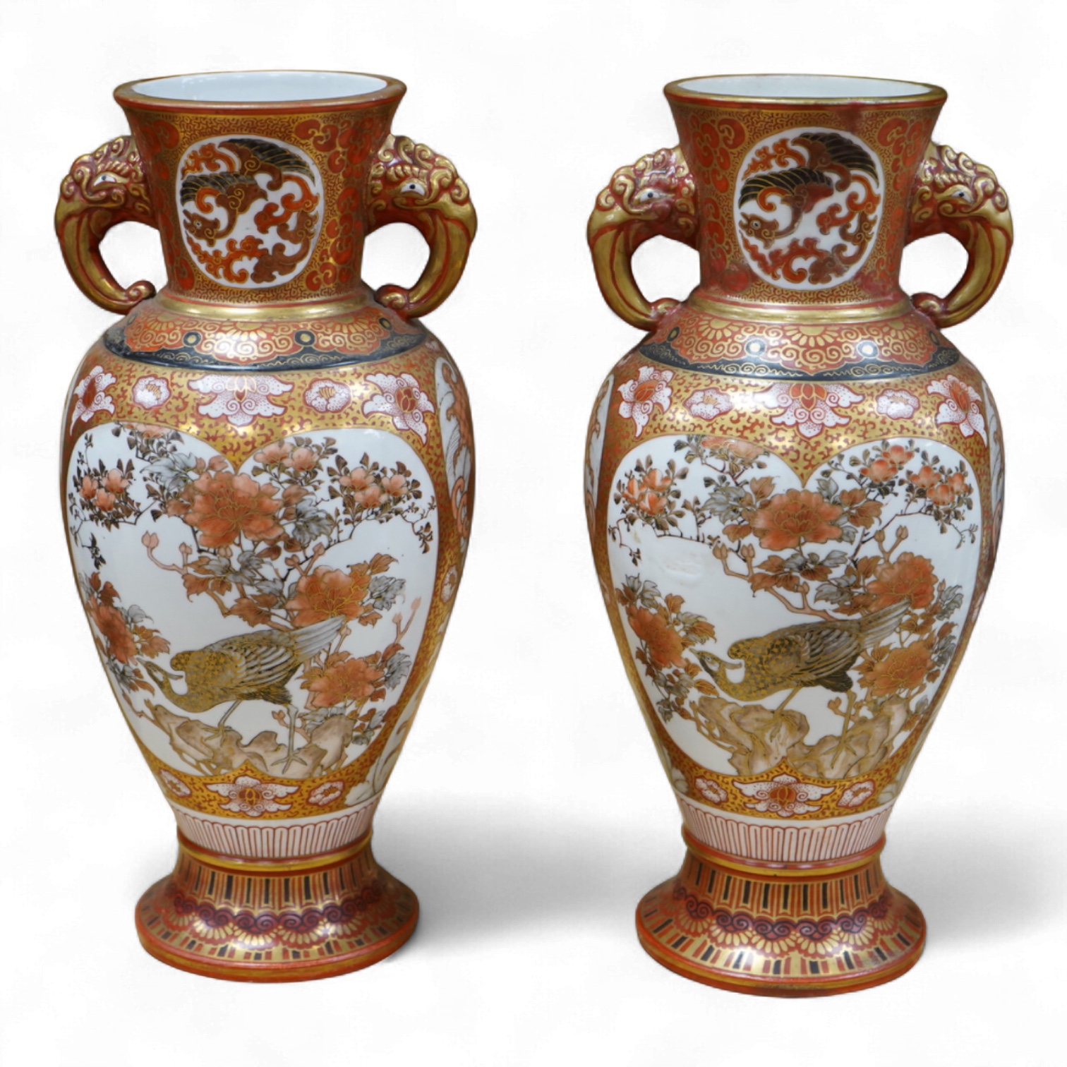 A pair of Japanese Kutani vases, signed, Meiji Period (1868-1912), 29cm
